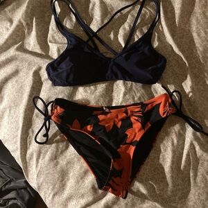 Navy Crisscross Bikini Top with Navy & Orange Floral Tie-Side Bottoms
